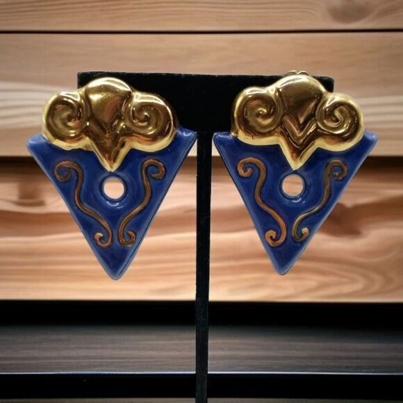 Geometric Abstract Earrings Clip On Terracotta Clay Handpainted Large Blue Gold - Picture 9 of 16